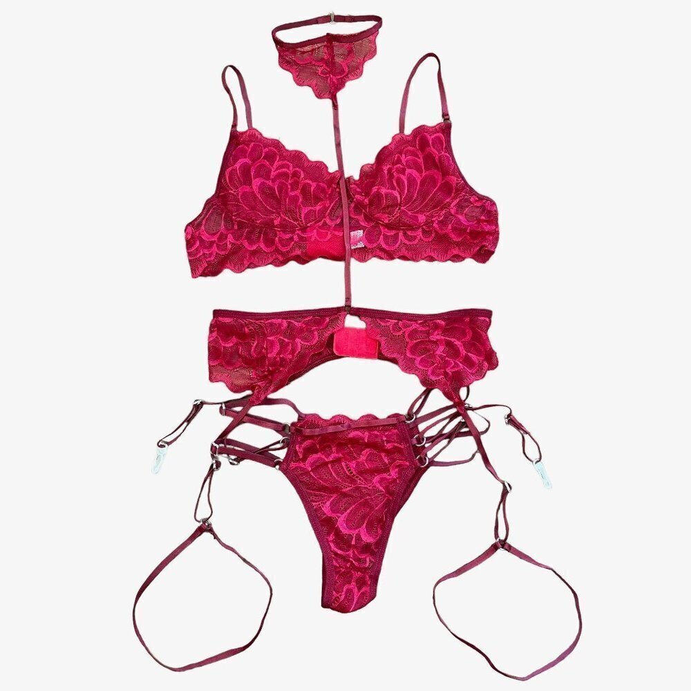 New Sexy Lace Lingerie 3 Piece Bra Panties Garter Belt Choker Set in Wine Red